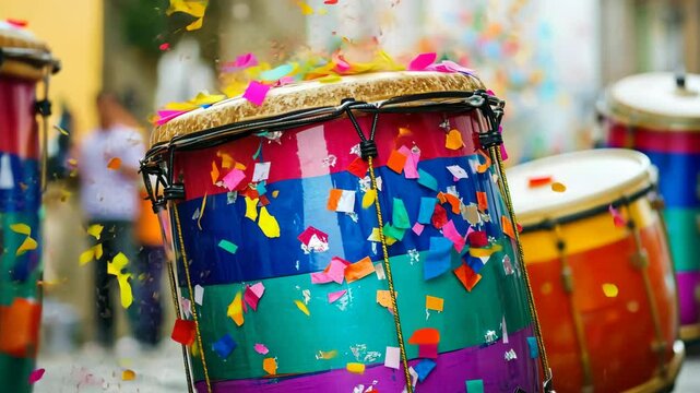 Vibrant street parade: colorful drums and confetti celebration in motion