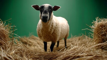 Obraz premium Discover the Charming Life of the Domestic Suffolk Sheep Amidst Its Cozy Hay Sanctuary