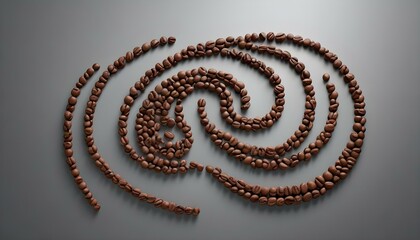 A spiraling composition of roasted coffee beans creates a unique, artistic design against gray.