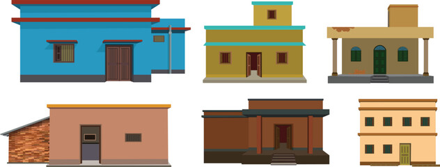 Indian Urban Village House Vector Set &ndash; Colorful Flat Roof Rural Homes, Brick and Concrete Architecture for Cultural, Educational, Real Estate, and Design Projects