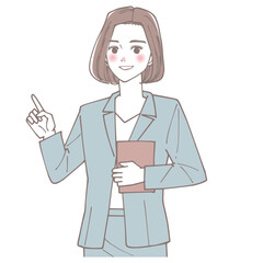 人差し指を立てて説明をしている若い女性会社員