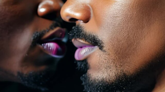 Close-up slow zoom video of two bearded men, one ebony skin, one light beige, kissing with mauve lip gloss under dramatic side lighting creating shadows. Concept of male romance and intimacy
