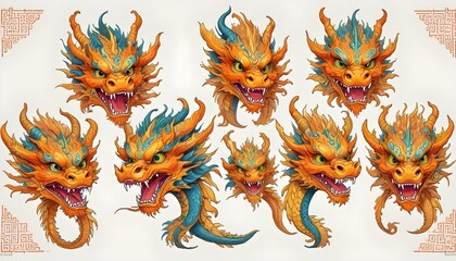 Obraz premium A stunning collection of stylized, colorful dragon heads with intricate details displayed.