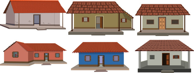 Traditional Indian Village House Vector Set &ndash; Clay Tile Roof Rural Homes, South Asian Architecture Illustration for Heritage, Education, Real Estate, and Cultural Design Projects