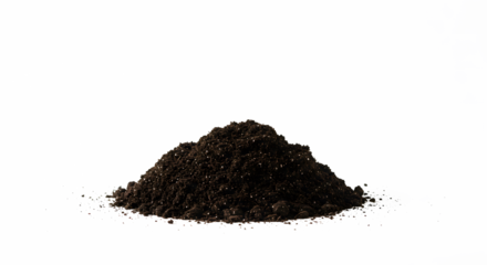 Dark humus soil pile on a white background for gardening and landscaping