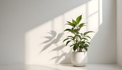 A lush green houseplant in a white pot, basking in the warm glow of sunlight.