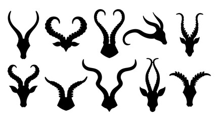 Set of different animal horn silhouettes on tranparent background