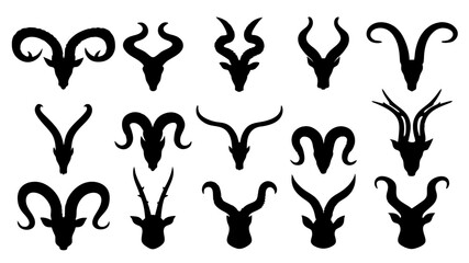 Set of different animal horn silhouettes on tranparent background