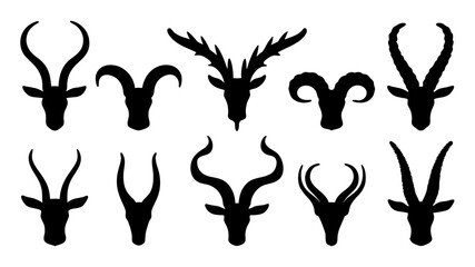 Set of different animal horn silhouettes on tranparent background
