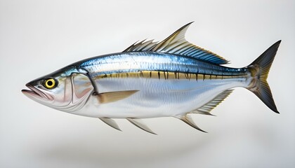 Naklejka premium Striking image of a silver fish with vibrant blue and yellow markings on a white backdrop.