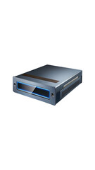 Sleek bluegray electronic device with illuminated display and ventilation on the side