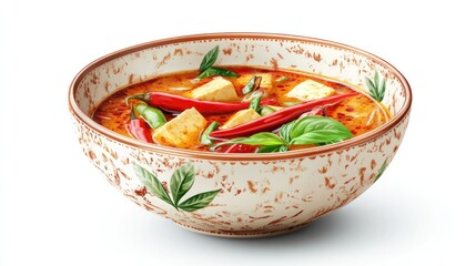Traditional Asian spicy hot and sour vegetable soup served in a rustic ceramic bowl with fresh herbs and crunchy vegetables for comforting meal