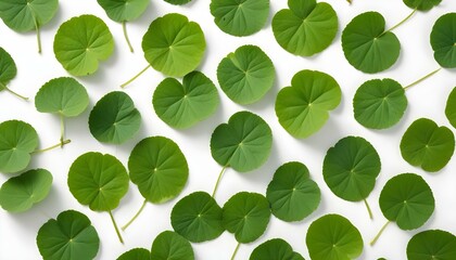 A collection of vibrant green, round leaves gracefully scattered on a pristine white backdrop.