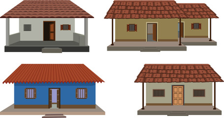 Village House Vector Set &ndash; Traditional Rural Homes with Tiled Roofs and Verandas, Flat Design for Architectural, Educational, and Cultural Illustrations