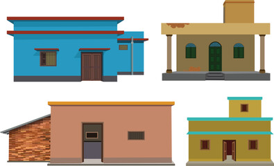 Traditional Rural House Illustrations Set &ndash; Colorful Village Home Exteriors