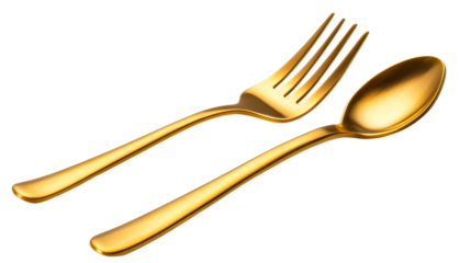 Elegant golden spoon and fork, modern design cutlery. cut out transparent