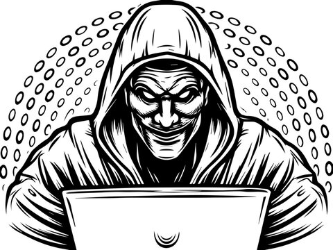 Satanic hacker skull design in SVG format. Mysterious Hacker in Hoodie Working on a Laptop Illustration