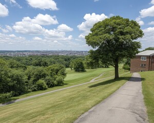 Expansive park, solitary tree, distant city skyline - single tree city skyline