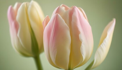 Fototapeta premium Close-up of two beautiful tulips, showcasing pink and cream colored petals in soft focus.