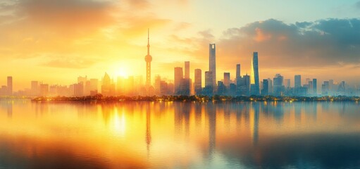 Shanghai Skyline at Sunrise: A Golden Reflection