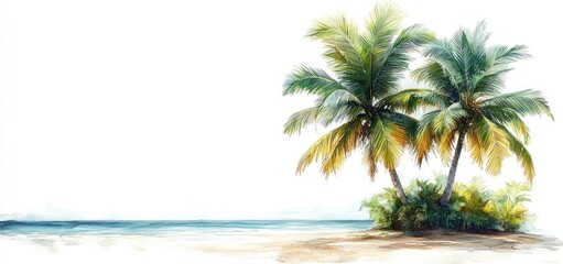 Tranquil Tropical Paradise: Watercolor Painting of Palm Trees on a Secluded Beach