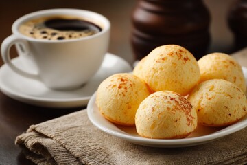 A close-up captures cheese bread and coffee, a comforting pairing for a tasty meal.