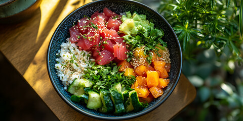  Fresh poke bowl with tuna and vegetables, healthy food concept, vibrant colorful poke bowl