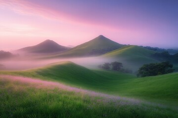Obraz premium Serene landscape at dawn with rolling hills, misty valleys, and vibrant wildflowers in bloom