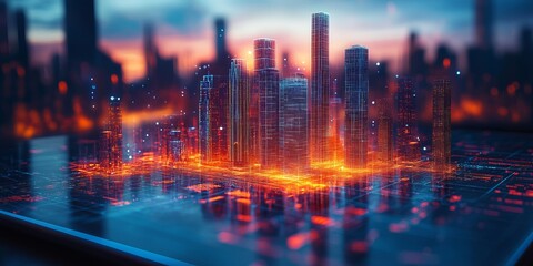 Holographic digital city model glowing with neon lights and futuristic grid interface