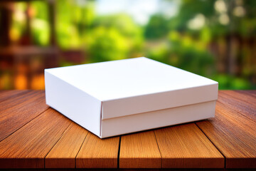 Elegant White Box Presentation on a Rustic Wooden Table with Green Bokeh Background