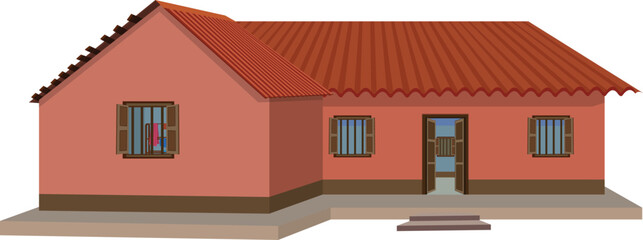 Indian Village Brick House Illustration – Traditional Rural Home with Tiled Roof, Front View Vector, Cultural Architecture Clipart for Countryside, Real Estate, Heritage, and Educational Use
