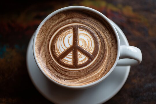 Overhead view of a coffee with a peace sign art, symbolizing harmony and tranquility.