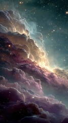 Swirling cosmic clouds illuminated by distant starlight in a celestial landscape during the night