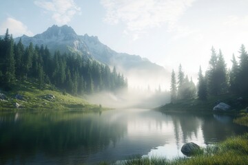 Obraz premium Serene mountain landscape with mist over a tranquil lake surrounded by lush pine trees