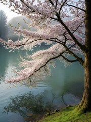 Fototapeta premium sfondo di albero di ciliegio in fiore, foglie delicate, petali nell' acqua bassa, foglie colorate, luce naturale, petali che cadono nell'acqua limpida,