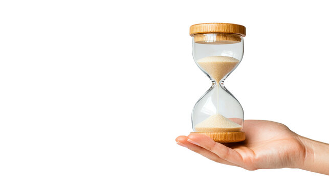 Human hand gently holding sand hourglass timer device. cut out transparent