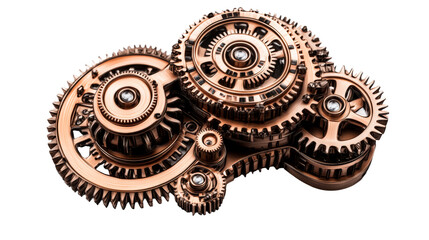 Cog mechanism made of bronze metal and interlocked gears. cut out transparent