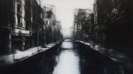 Fototapeta premium Monochromatic urban waterway scene of a city street.