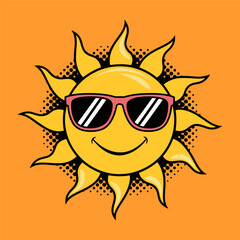 Funny Sun Cartoon with Sunglasses on Orange Background