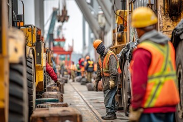 Naklejka premium Construction workers and machines are seen working in a port or industrial area, focus on the workers.