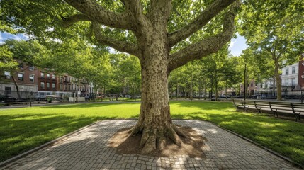 Fototapeta premium Ancient sycamore in urban park, strong trunk, wide canopy, peaceful scene - tree large daylight