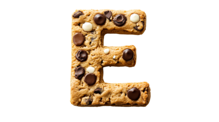 Chocolate chip cookie shaped like letter E, delicious alphabet. cut out transparent