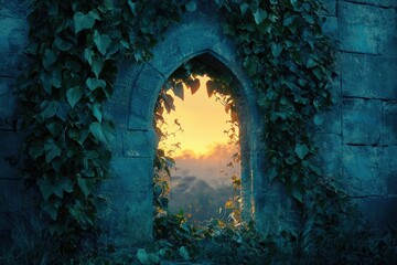 A stone archway, overgrown with ivy, frames a breathtaking sunset view.