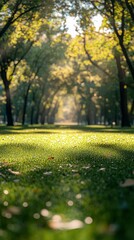 Lush green park pathway surrounded by tall trees under bright sunlight in a serene afternoon