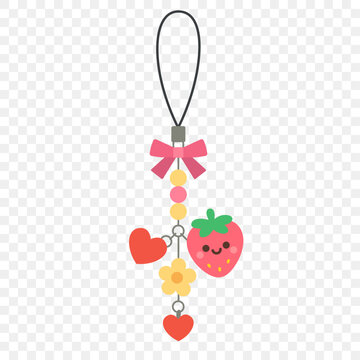 Strawberry charm with red hearts, yellow flower. Kawaii style pastel keychain, ideal for children's gifts, phone accessories, playful designs. Flat simple vector illustration on transparent background