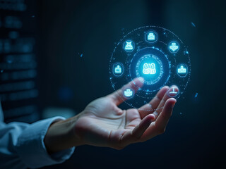 Hand holding virtual interface with digital icons glowing, including AI, indicating technology and futuristic concepts. Presence of ambient background creates a focus on hand gesture