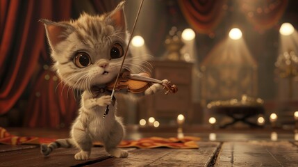 Small cat playing a violin in a dimly lit room.
