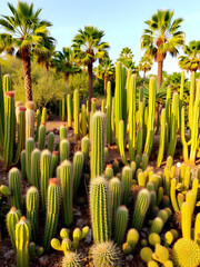 Many different cacti. Landscape with beautiful cacti and palm trees.