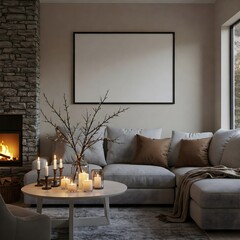 Frame mockup, ISO A paper size. Living room wall poster mockup. Interior mockup with house background. Modern interior design. 3D render