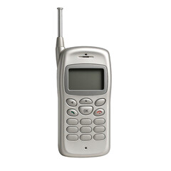 Vintage silver mobile phone with antenna and traditional keypad, a symbol of earlier handheld communication technology.